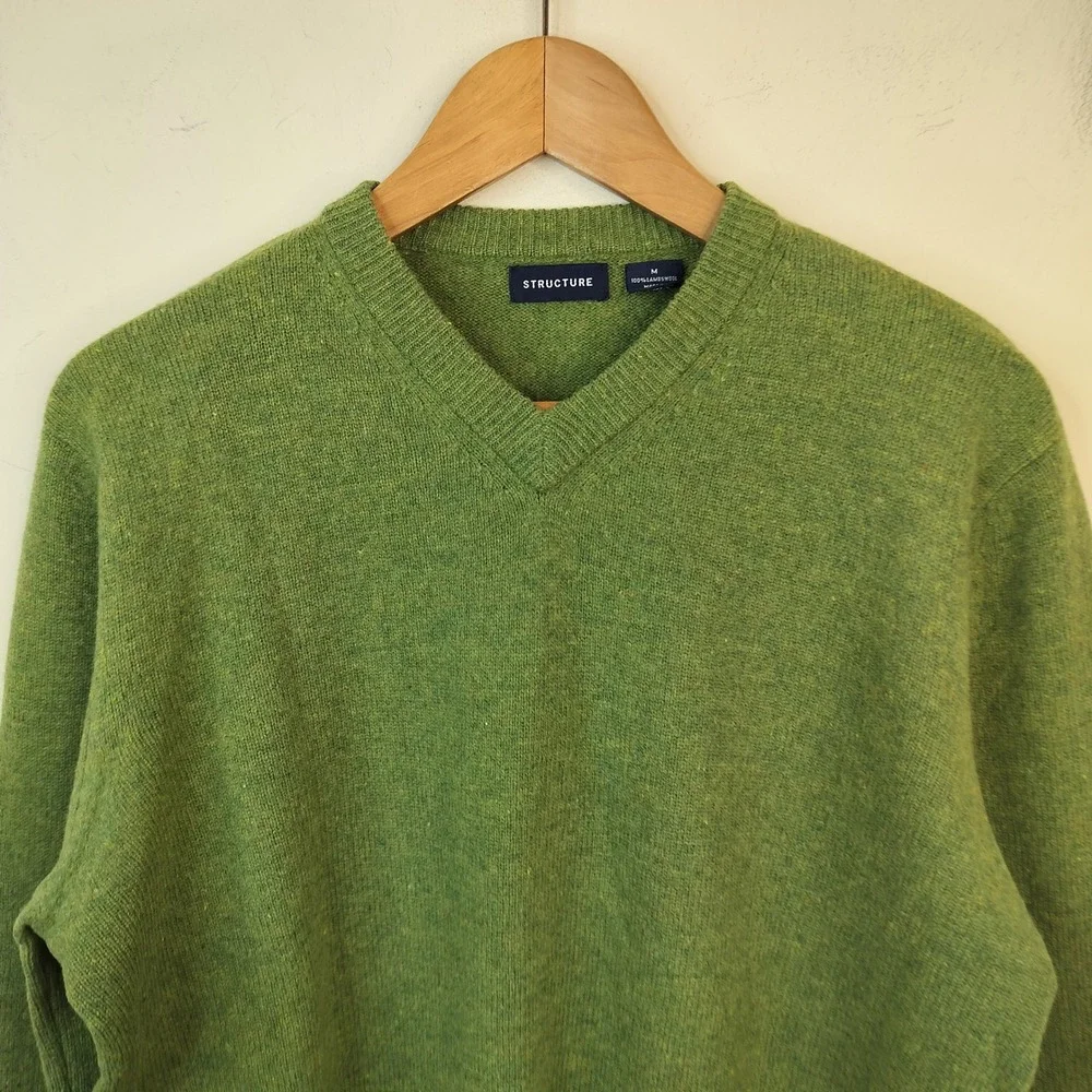 Structure Vintage Lambs Wool Sweater Medium Mens Preppy Green V Neck